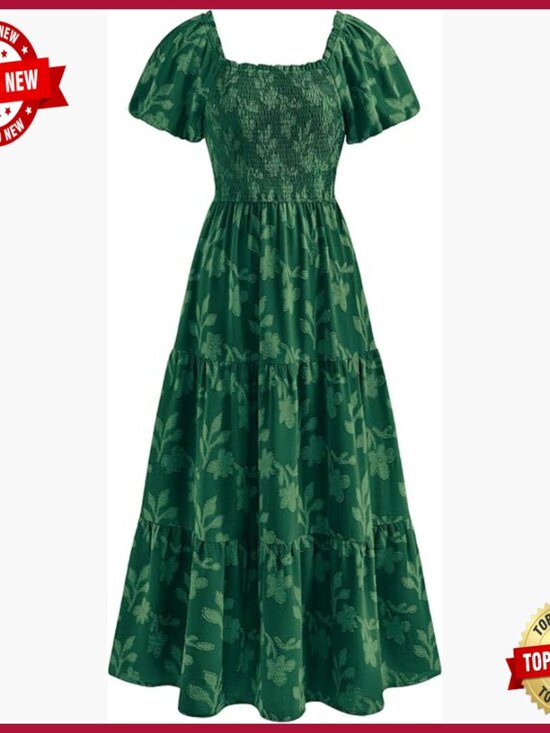 Dresses & Skirts - Summer Maxi Dress Floral Square Neck Smocked Bodice Pockets Boho